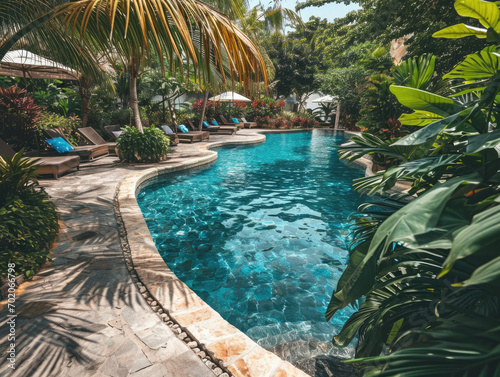  A serene pool oasis with sparkling water, surrounded by lush greenery and sun loungers.
