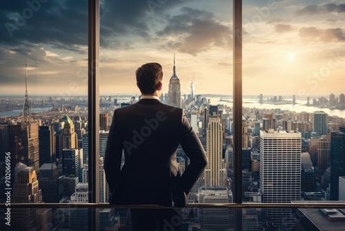 Man in suit gazes at City skyline during golden hour.