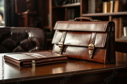 Classic brown leather briefcase on a polished desk © AdriFerrer