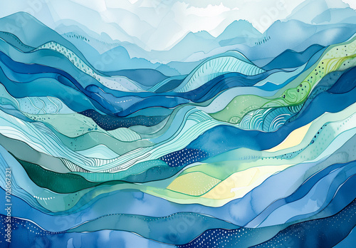 Magical fairytale ocean waves background. Unique blue and yellow wavy swirls of magic water. Fairytale navy, turquoise yellow sea waves. Children’s book waves kids nursery cartoon illustration by Vita