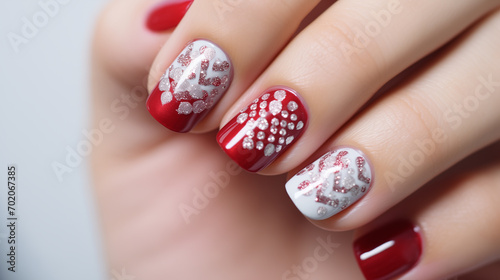 Valentine Nail art manicure with painted hearts and polka dots with copy space.