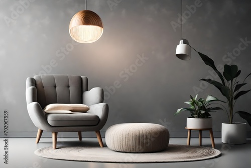 Armchair with pillow, glowing lamp, plant in , ottoman and round carpet on floor on gray wall background in living room. Ad blog about real estate and modern interiors, simple scandinavian design