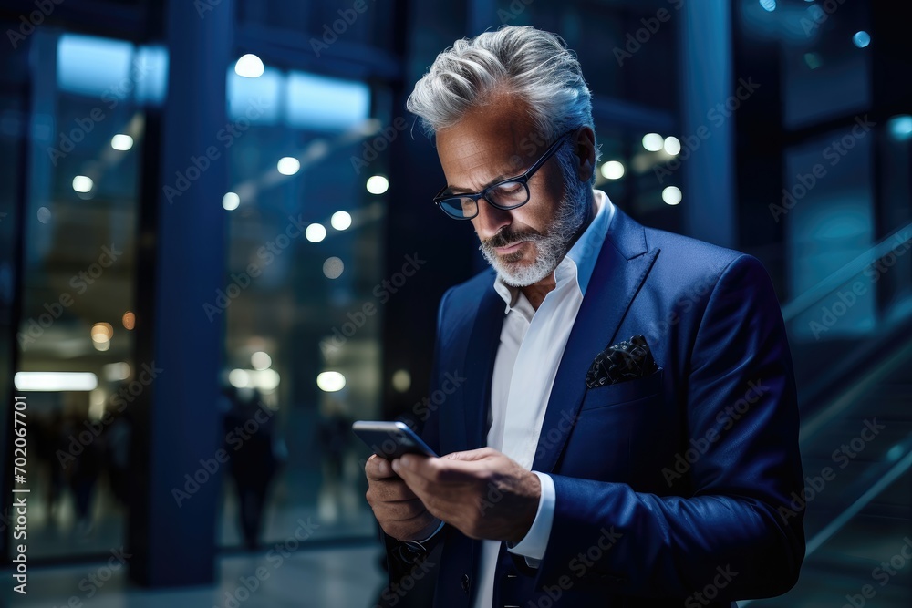 Senior executive using phone in a modern glass building. Senior executive using phone in a modern glass building.