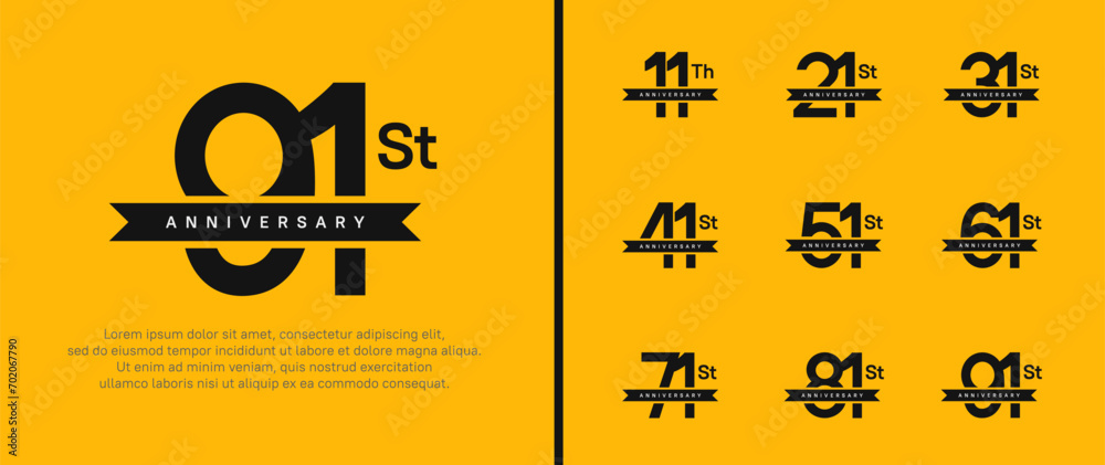 set of anniversary logo black color number and black ribbon on yellow background for celebration set of anniversary logo black color number and black ribbon on yellow background for celebration