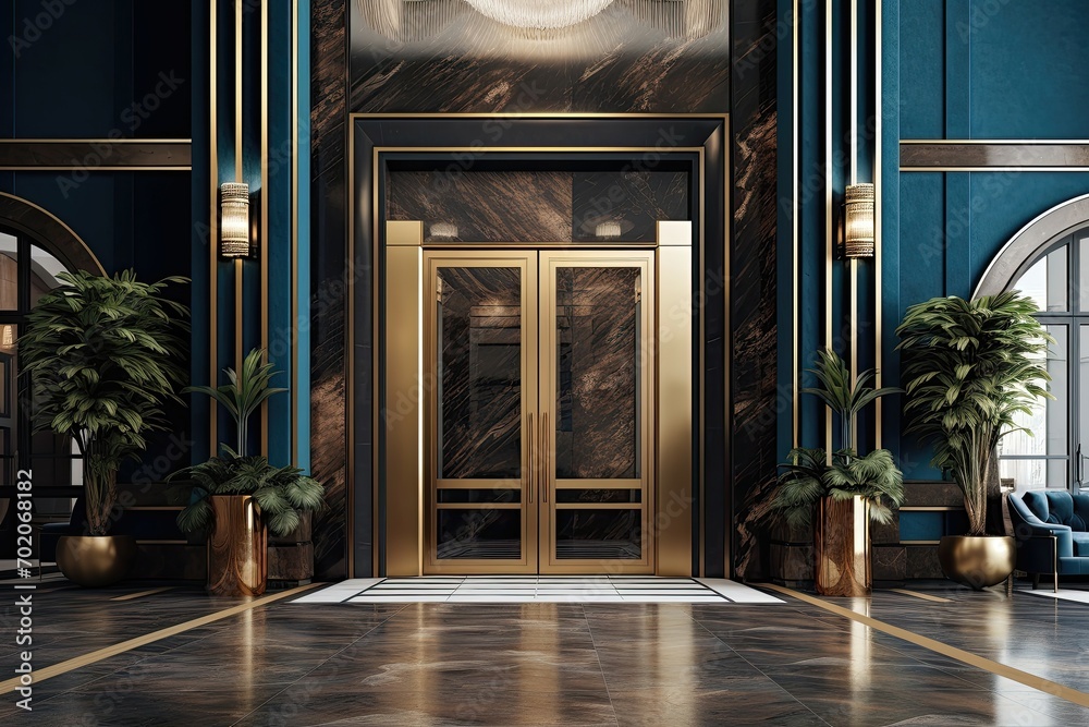 Elegant hotel entrance with golden accents and plants - obrazy, fototapety, plakaty 