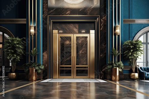 Elegant hotel entrance with golden accents and plants photo