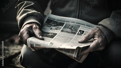 A detailed shot of a persons hand clutching a newspaper, symbolizing the role of selective exposure and how people may actively seek out media sources that perpetuate their beliefs in conspiracy photo