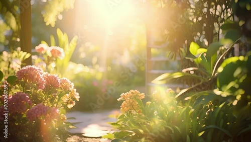 Soft sunlight filters through the foliage, casting a warm glow on the garden and its charming decor. photo