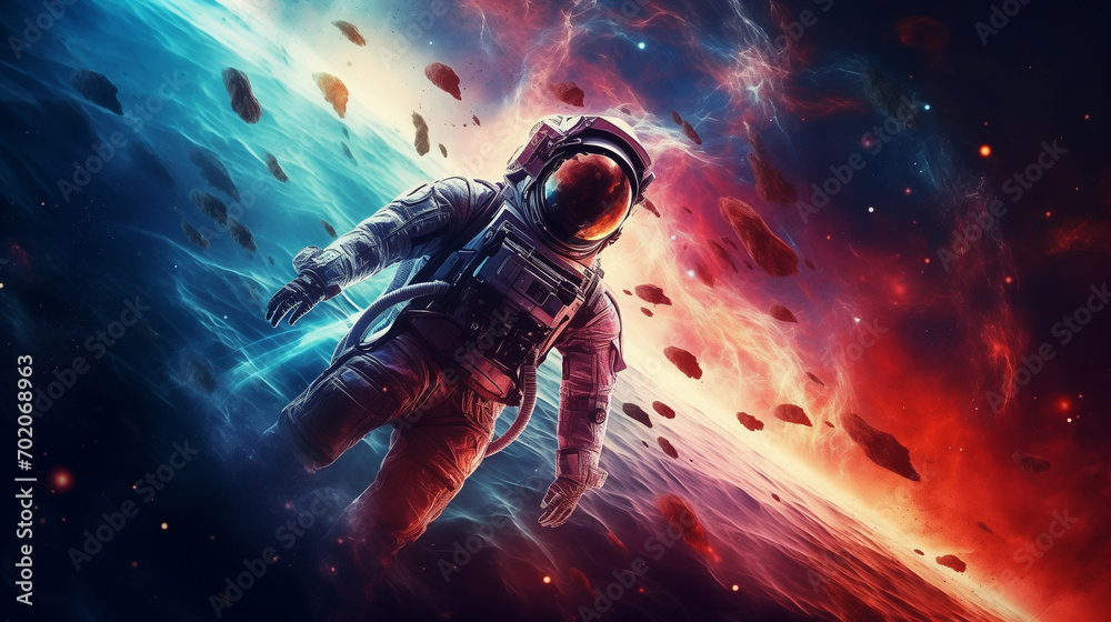 Astronaut flies in outer space planets beautiful nebula galaxy background wallpaper banner generative ai - obrazy, fototapety, plakaty 