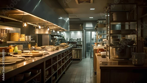 Professional restaurant kitchen interior indoor horizontal dark background with furniture and utensils. 