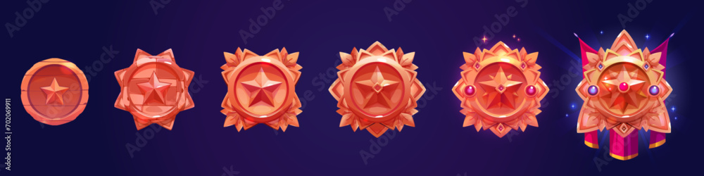 Round badge with star and various stages of decorations evolution for game level rank ui design. Cartoon vector illustration set of red trophy medal or emblem with gemstones and drapery progress. - obrazy, fototapety, plakaty 