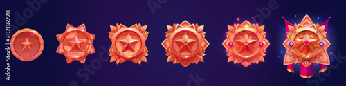 Round badge with star and various stages of decorations evolution for game level rank ui design. Cartoon vector illustration set of red trophy medal or emblem with gemstones and drapery progress. photo