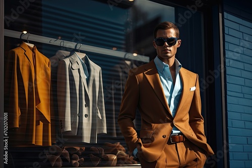 Man in a camel suit poses confidently outside a modern clothing store photo