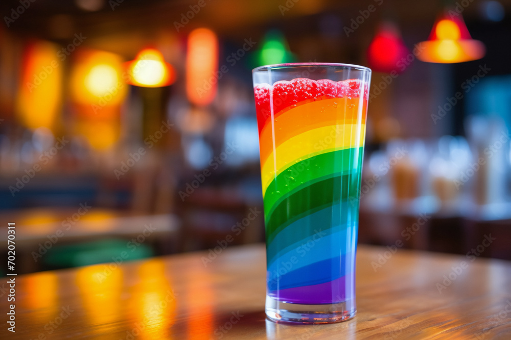 Colorful drink, cocktail close up on the table in a club, pub. Alcoholic beverage in a gay rainbow flag colors. LGBTQ celebration.