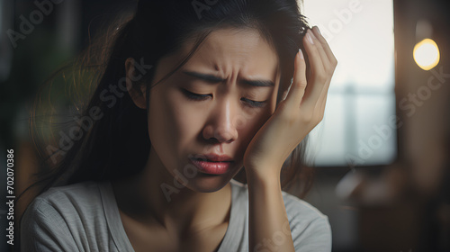 Asian lady with sinus problems or toothache, Furrowed brow