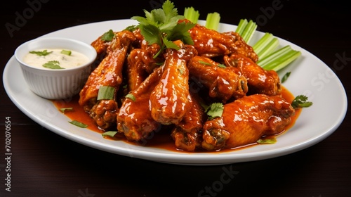 A tempting display of buffalo wings, their glossy exterior hinting at the fiery spice within. The vibrant colors and appetizing aroma make this dish an irresistible treat for the senses.