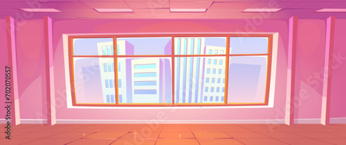 Empty office or apartment room interior with large window and view on city with modern skyscrapers. Cartoon vector illustration of clean pink house inside in sun day. Urban landscape through glass.