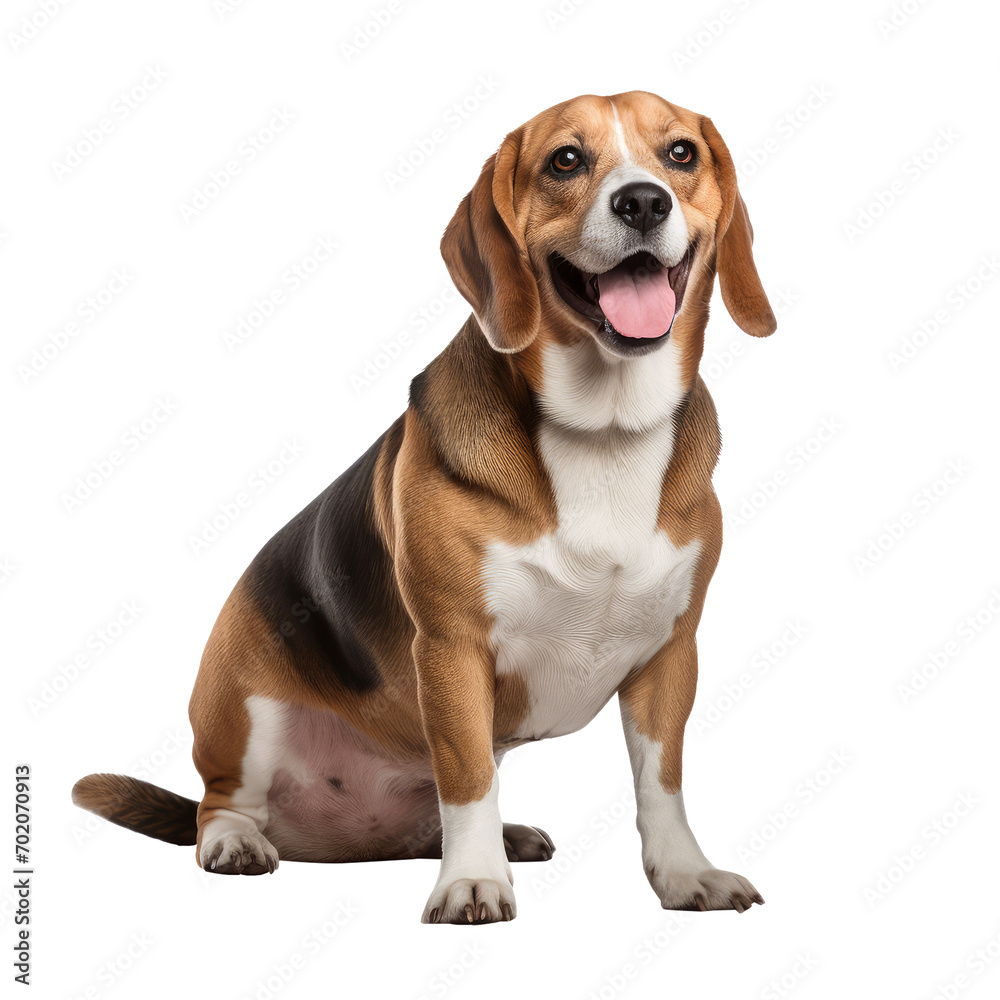 Fat Beagle smiling, isolated on white transparent background