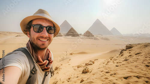 Realistic image of a male tourist taking a selfie with the backdrop of the Giza pyramids, Egypt tourism concept.