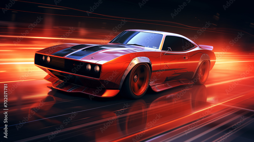Charger Car. Beautiful poster design, Futuristic sports car on a road in the night lights, retro cyberpunk, cinematic HD wallpaper, cool fast and the furious driving wheel. generative ai