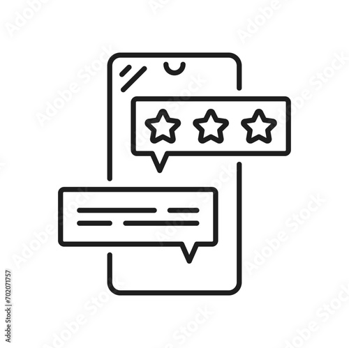 Review feedback, rating speech bubble on smartphone outline icon. Vector mobile phone reviews stars, testimonials messages and reward grade star symbols