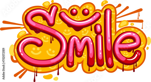 Smile graffiti, street art word and urban style paint spray text, vector airbrush lettering. Word Smile with pink happy face emoji and graffiti letters in yellow paint spray drops splashes on wall