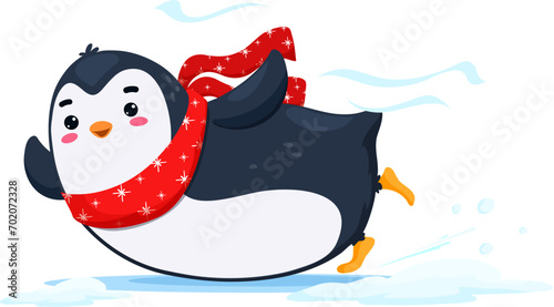 Cartoon cute funny penguin character joyfully gliding on its belly, spreading laughter with its hilarious and lovable antics. Isolated vector adorable bird personage wear scarf fun at winter time