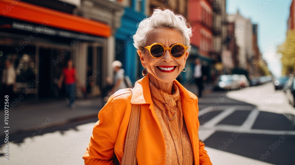 A detailed portrait of a cheerful senior lady in a stylish orange ensemble, posing against a backdrop of a lively city street