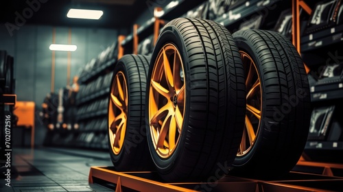 Car tires in the car workshop.. Transportation, safety, reliability, modern design concept. © Farid
