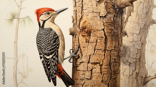 A detailed print of a woodpecker perched on the trunk of a tree, capturing the texture of bark and the bird's intricate feathers