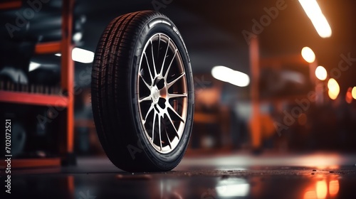 Car tires in the car workshop.. Transportation, safety, reliability, modern design concept. © Farid