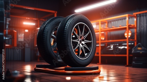 Car tires in the car workshop.. Transportation, safety, reliability, modern design concept.