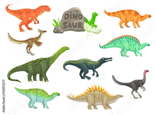 Cartoon dinosaur funny characters. Prehistoric reptile  paleontology extinct vector lizards. Ouranosaurus  Probactrosaurus  Suchomimus and Alectrosaurus  Alvarezsaurus  Aralosaurus cute personages