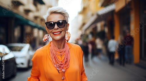 A detailed portrait of a cheerful senior lady in a stylish orange ensemble, posing against a backdrop of a lively city street © anupdebnath