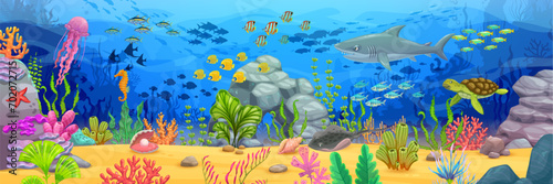 Long banner with sea underwater landscape. Cartoon shark and turtle, fish shoals, seaweeds and corals on sand bottom vector background. Blue water waves with jellyfish, seahorse, starfish, stingray © Vector Tradition