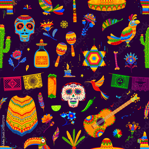 Mexican holiday and festival objects seamless pattern. Day of the Dead fabric ornate seamless print, Cinco de Mayo mexican textile pattern with skulls, birds, Tex Mex food and musical instruments