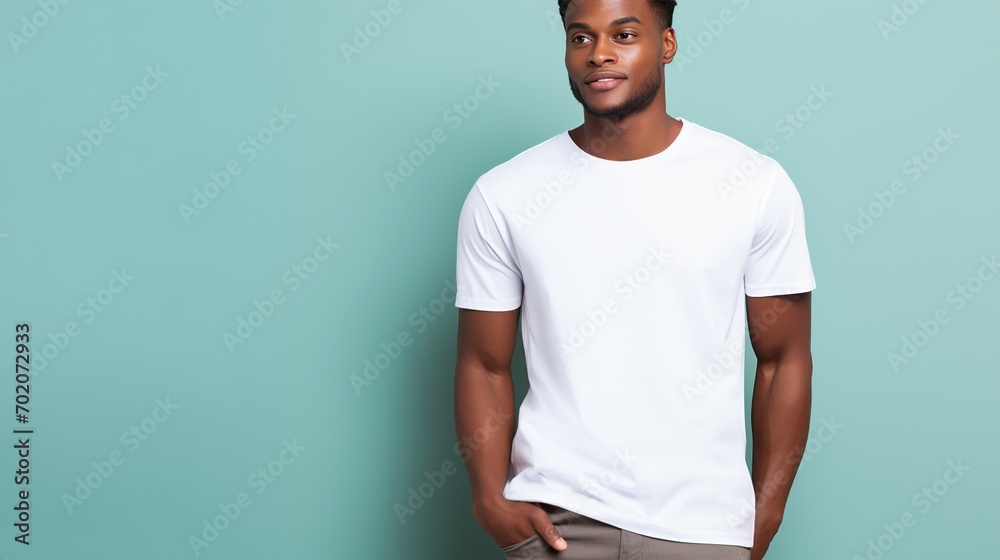 A young man elegantly modeling a Bella Canvas white t-shirt mockup, with a carefully crafted color background that complements the shirt's simplicity. - obrazy, fototapety, plakaty 