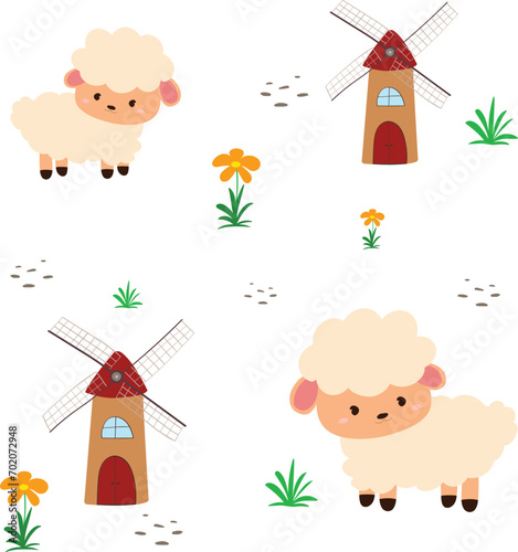 Vector illustration of farm animal, sheep with windmill and flower