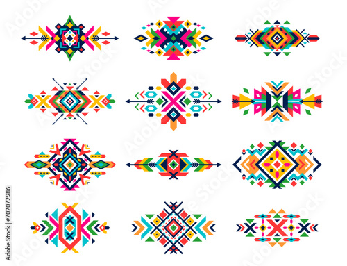 Mexican tribal patterns. Ethnic motif ornament. Native American abstract ornaments, Aztec tribe isolated vector triangle geometric patterns print or Mexico traditional embroidery graphic decorations