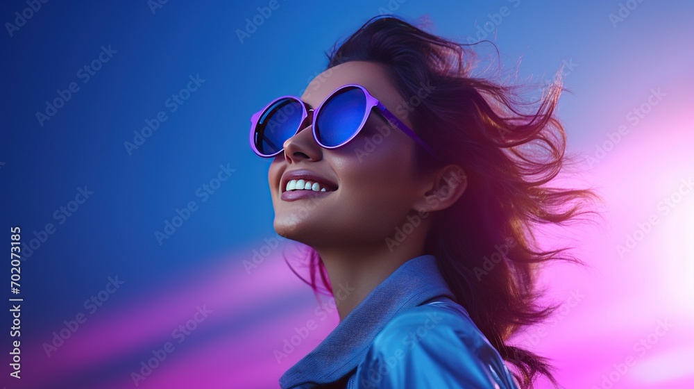 A young woman with an infectious grin standing against a futuristic, gradient blue and purple background, creating a modern and dynamic composition