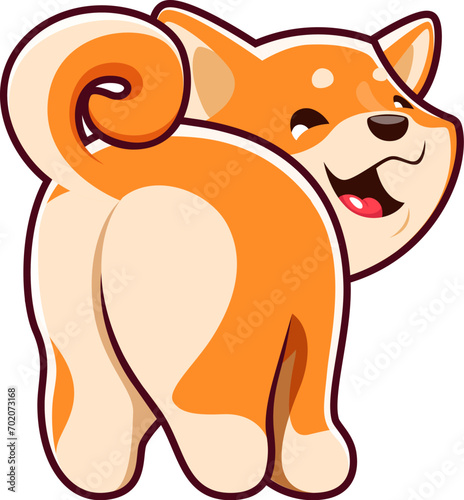 Cartoon kawaii Shiba Inu dog showing back, cute puppy pet or funny animal, vector kids character. Happy Shiba Inu puppy dog smiling with tail up, baby mascot or cute dog emoji