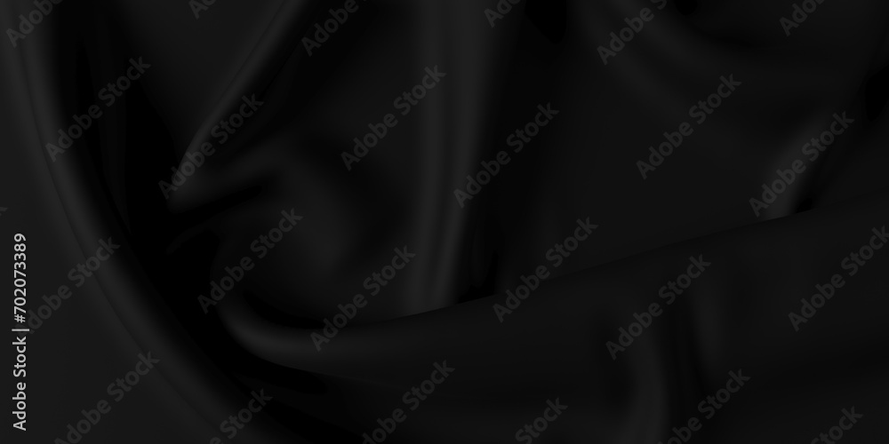 Black silk satin. Shiny smooth fabric. Abstract silk cloth background
