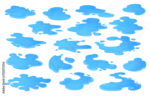 Cartoon rain water puddles. Blue liquid water splash, drop, spill and leakage top view. Isolated vector puddles, pools and wet stains with bubbles and droplets on surface, environment or nature themes