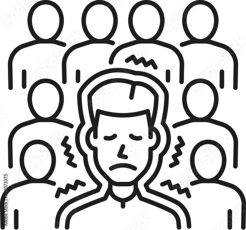 Human antrophobia phobia icon, mental health. Fear of people, psychology problem outline vector symbol. Mental disorder line pictogram or icon with scared, depressed man in crowd