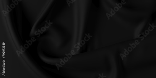 Black silk satin. Shiny smooth fabric. Abstract silk cloth background