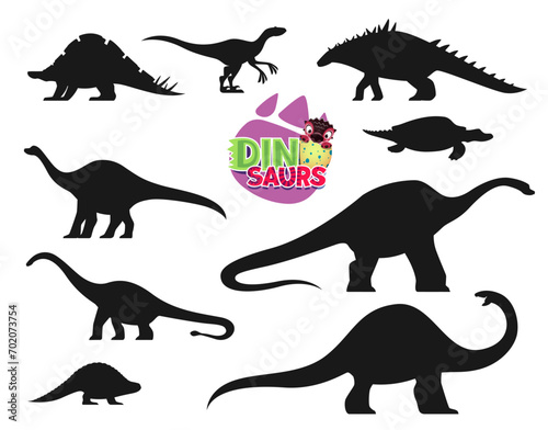 Funny dinosaurs cartoon personages silhouettes. Wuerhosaurus  Eoraptor  Polacanthus and Henodus  Quaesitosaurus  Haplocanthosaurus  Shunosaurus and Lotosaurus  Melanorosaurus dinosaur silhouettes set