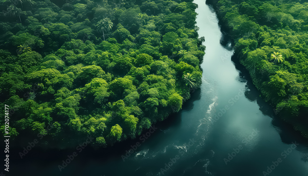 Top view of the river and forest , safe nature day concept