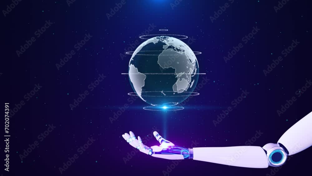 Digital Robot Hand holding Planet earth global business Network Metaverse Technology. Next generation networking connection, science, innovation. virtual world. Futuristic technology concept. AI 3D 4k Digital Robot Hand holding Planet earth global business Network Metaverse Technology. Next generation networking connection, science, innovation. virtual world. Futuristic technology concept. AI 3D 4k