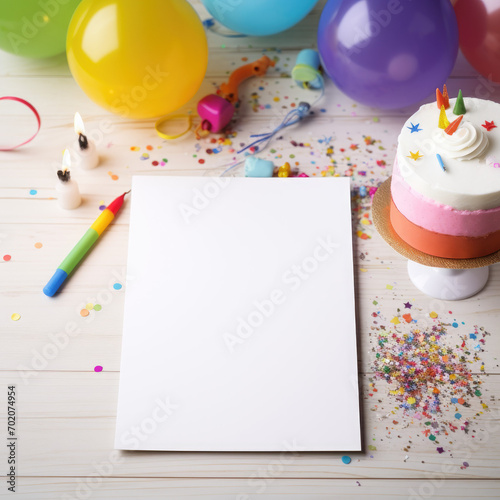 Birthday mockup, party mockup with decorations, balloons, white space for poster, sign, invitation, card