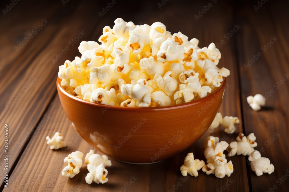 Bowl of tasty popcorn on wooden table Bowl of tasty popcorn on wooden table